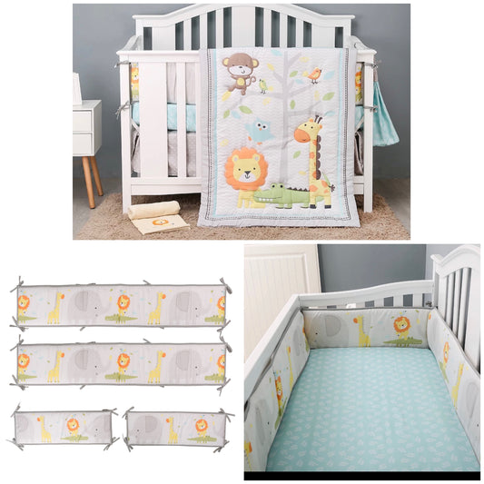 Padded Cot Bumpers - 6 piece Set with Comforter & Fitted Sheet - Animal Pattern, Grey