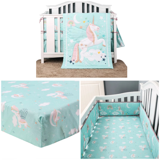 Padded Cot Bumpers, Comforter & Fitted Sheet Set - Unicorn print