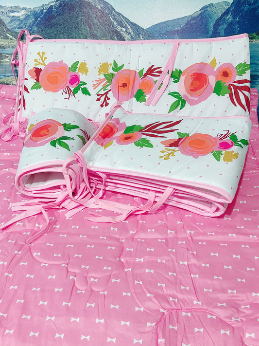 Padded Cot Bumpers; Pink Floral